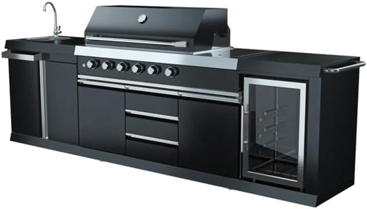 3 Piece 10' Foot Modular Marble Top Black Stainless Steel Outdoor BBQ Kitchen Island Grill, Propane or Natural Gas, with Refrigerator and Sink Modules, 3PMGB