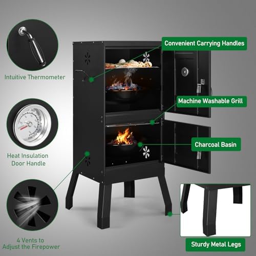 Portable Charcoal Grill - Heavy-Duty Outdoor BBQ Smoker with Thermometer & Doors, Perfect for Camping, Beach, Garden, Patio & Backyard, Black, 40.5x39x101.5cm