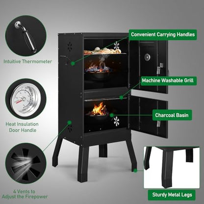 Portable Charcoal Grill - Heavy-Duty Outdoor BBQ Smoker with Thermometer & Doors, Perfect for Camping, Beach, Garden, Patio & Backyard, Black, 40.5x39x101.5cm