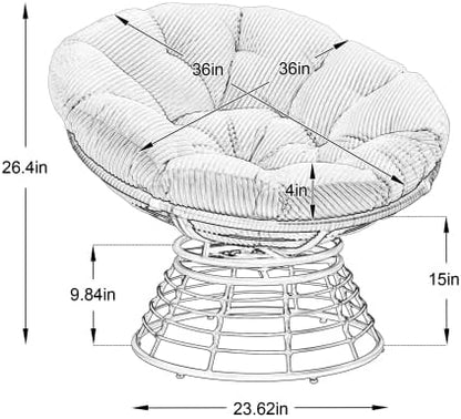 Cushion Papasan Swivel Chair, Ergonomic Wicker Round Chair with Thick Padding, Oversized Swivel Wicker Accent Chairs for Living Room, Bedroom, Reading Room, Balcony, Brown Frame, Gray