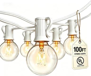 Abeja Outdoor String Light G40-100Ft with 105 Edison Glass Bulbs, 5W, E12 Socket Base, UL Listed Waterproof for Patio Lights Bars Party Decor, White