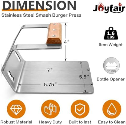 Joyfair Portable Charcoal Grill & Smash Burger Press, Small Tabletop Barbecue Grill, 5.8” Stainless Steel Hamburger Smasher Steak Weight Tool, for Outdoor Camping Backyard Party BBQ Cooking