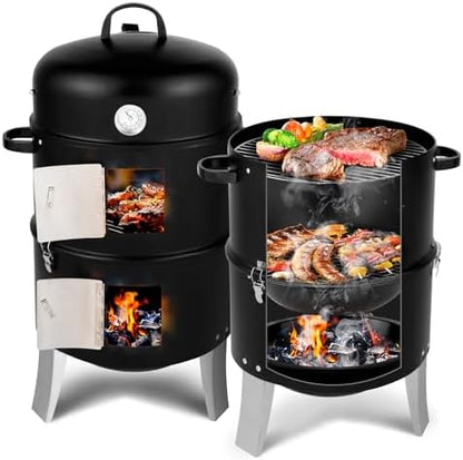 Portable Charcoal Grill - Heavy-Duty Outdoor BBQ with Thermometer & Dual Doors, Perfect for Camping, Beach, Garden, Patio & Backyard - 47x41.5x82cm, Black