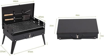 Charcoal Grills, Portable Camping Grill, Folding BBQ with Lid, 3-Level Height Adjustment, for 3 to 5 People for Outdoor Hiking Party Park Beach (Black 44 * 27 * 29cm)