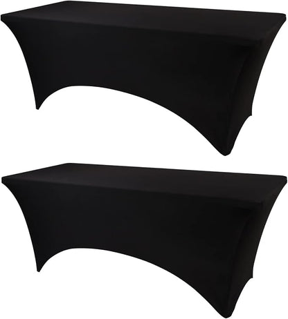 BDDC 8ft Black Stretch Spandex Fitted Table Cloth for 8 Foot Tables | GRS-Certified Eco-Friendly Fabric, Elastic Fit Rectangle Tablecloth, Washable, Wrinkle-Free, For Events & Parties