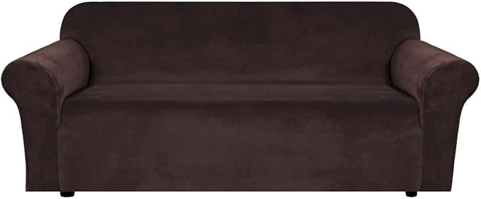 H.VERSAILTEX Stretch Velvet Sofa Covers for 3 Cushion Couch Covers Furniture Protector Soft with Non Slip Elastic Bottom, Crafted from Thick Comfy Rich Velour (Large Sofa 90"-97", Chocolate)