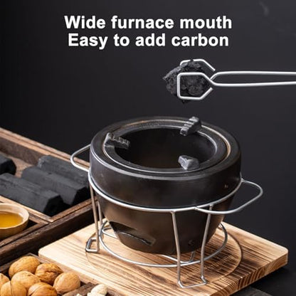 1Set Clay Charcoal Stove, Indoor Pottery Barbecue Stove, Tabletop Pottery Fire Stove, with a Wooden Pads and Grill, Metal Mesh, for Cooking Tea Stove(Yellow)