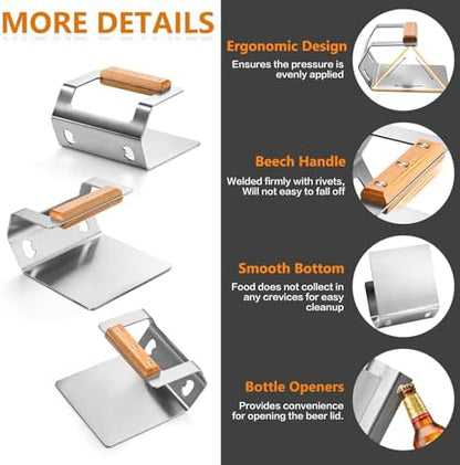 Joyfair Portable Charcoal Grill & Smash Burger Press, Small Tabletop Barbecue Grill, 5.8” Stainless Steel Hamburger Smasher Steak Weight Tool, for Outdoor Camping Backyard Party BBQ Cooking