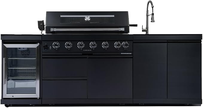 Modular Outdoor Kitchen BBQ Island, Outdoor Kitchen Propane Gas Island Grill with Sink, Compact Refrigerator, Storage Cabinets, Rotisserie Kit (Black, 96")