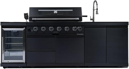 Modular Outdoor Kitchen BBQ Island, Outdoor Kitchen Propane Gas Island Grill with Sink, Compact Refrigerator, Storage Cabinets, Rotisserie Kit (Black, 96")