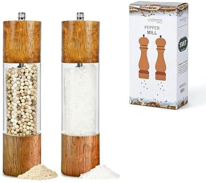 2 Pack Wooden Salt and Pepper Grinder Set,8 Inch Manual Acrylic Salt and Pepper Mills with Adjustable Ceramic Grinder Core,Rustic Wood Finish Spice Grinder Set for Kitchen Dining Table BBQ