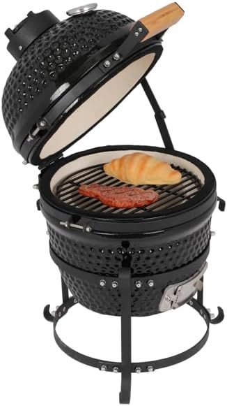 13inch Round Ceramic Charcoal Grill For Outdoor Fuel Efficient Fully Body Cooking Barbecue Grill with Wheels Thermometer (Ceramic Smoker)