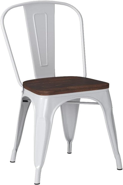 COSTWAY Stackable Metal Dining Chairs Set of 4 with Wood Seat and High Back | White, Industrial Vintage Style, Elm Wood Seat Board, 18 Inch, for Dining Room, Kitchen, Bar, Cafe, Bistro, Restaurant