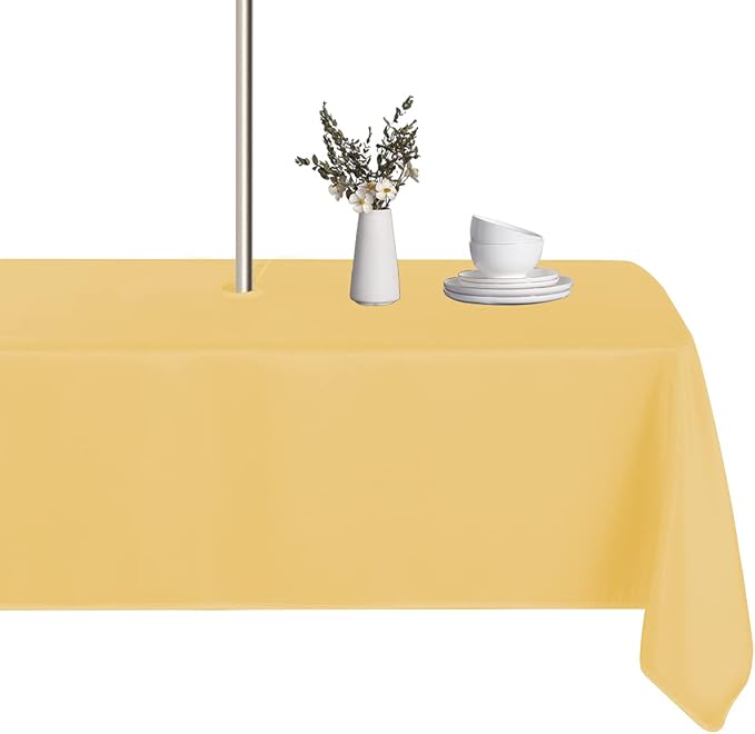 LUSHVIDA Rectangle Outdoor Tablecloth with Umbrella Hole and Zipper, 60x84 Inch Yellow, Washable Waterproof Table Cloth Spill Proof Wrinkle Free Table Cover for Patio Spring Summer Picnic BBQS