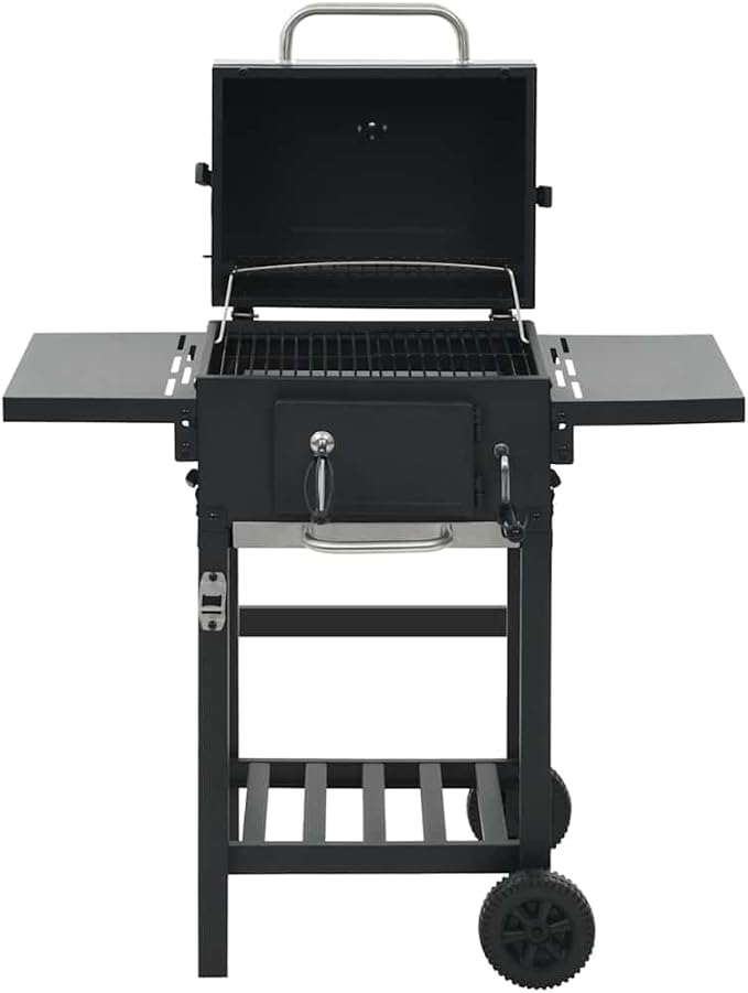 Heavy Duty Charcoal BBQ Grill with Bottom Shelf, Black Powder-Coated Steel, 2 Enamelled Cooking Grids, Foldable Side Tables, Thermometer Hood, 2 Castors