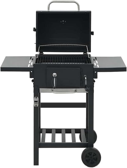 Heavy Duty Charcoal BBQ Grill with Bottom Shelf, Black Powder-Coated Steel, 2 Enamelled Cooking Grids, Foldable Side Tables, Thermometer Hood, 2 Castors