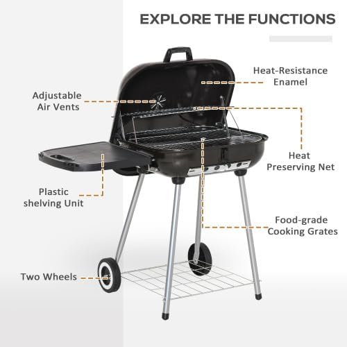【kosevpou】21" Portable Charcoal Grill with Wheels and Bottom Shelf, BBQ Smoker with Adjustable Vents on Lid for Picnic Camping Backyard Cooking, Black,35 x 23.5 x 32.75 Inches