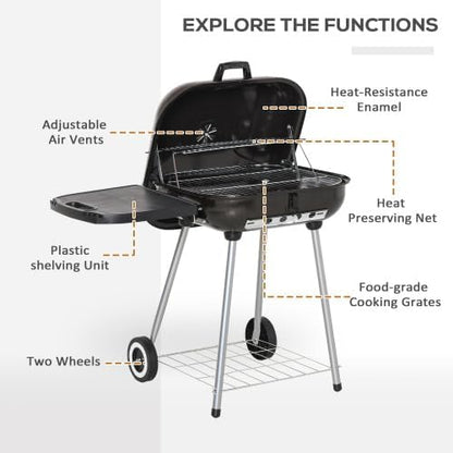 【kosevpou】21" Portable Charcoal Grill with Wheels and Bottom Shelf, BBQ Smoker with Adjustable Vents on Lid for Picnic Camping Backyard Cooking, Black,35 x 23.5 x 32.75 Inches
