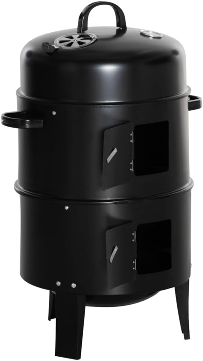 3-in-1 Portable Charcoal Grill & Smoker – Heavy-Duty 304 Stainless Steel BBQ Grill with Adjustable Vents, Built-in Thermometer, Double-Tier Cooking for Camping & Backyard (Black)