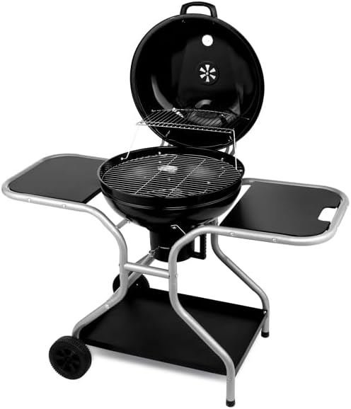 Black Outdoor Barbecue Grill, Portable Charcoal Kettle Grills with Wheels for Camping