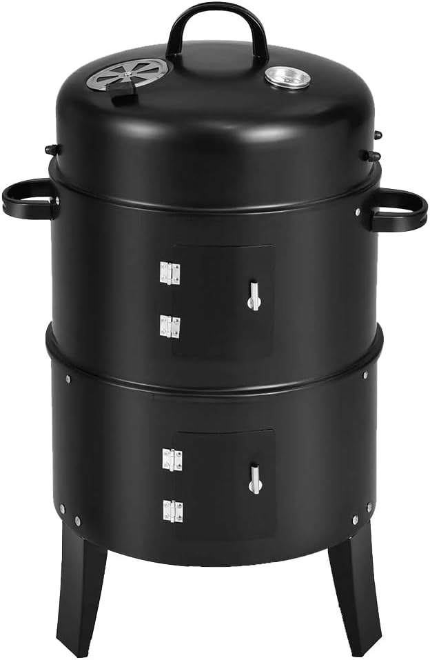 Vertical Charcoal Smoker with Built-in Thermometer BBQ Smoker Grill 2 Access Doors Round BBQ Grill for Parties Camping Outdoor Cooking