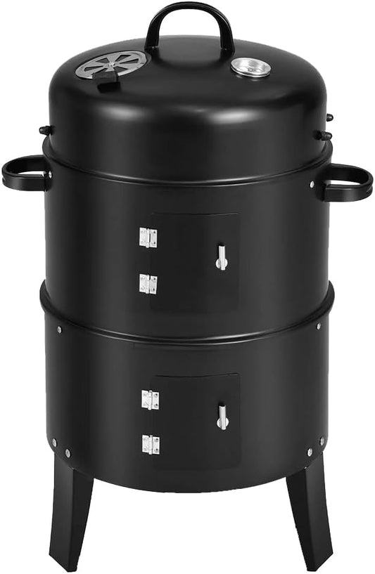 Vertical Charcoal Smoker with Built-in Thermometer Air Vent Round BBQ Grill 2 Access Doors for Outdoor Cooking Camping