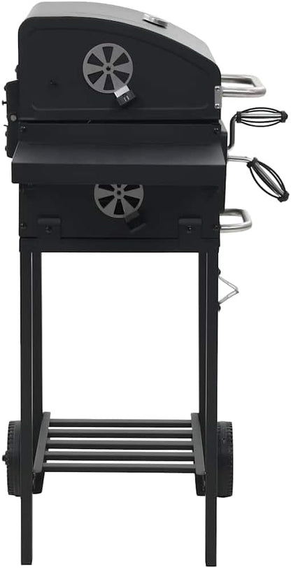 Heavy Duty Charcoal BBQ Grill with Bottom Shelf, Black Powder-Coated Steel, 2 Enamelled Cooking Grids, Foldable Side Tables, Thermometer Hood, 2 Castors