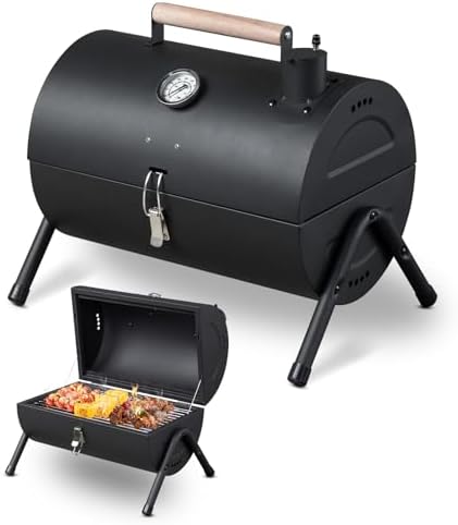 Portable Charcoal Grill - Heavy-Duty Outdoor BBQ with Thermometer & Doors, Perfect for Camping, Beach, Garden, Patio & Backyard, 42x30x36cm, Stylish Black Finish