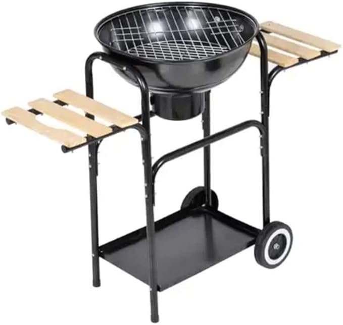 Charcoal Kettle Barbecue with Wooden Side Tables and Lower Shelf, Portable Charcoal Grill on Two Wheels