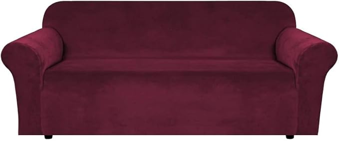 H.VERSAILTEX Stretch Velvet Sofa Covers for 3 Cushion Couch Covers Furniture Protector Soft with Non Slip Elastic Bottom, Crafted from Thick Comfy Rich Velour (Large Sofa 90"-97", Burgundy)
