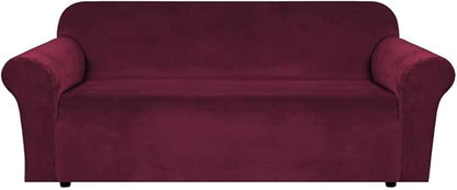 H.VERSAILTEX Stretch Velvet Sofa Covers for 3 Cushion Couch Covers Furniture Protector Soft with Non Slip Elastic Bottom, Crafted from Thick Comfy Rich Velour (Large Sofa 90"-97", Burgundy)