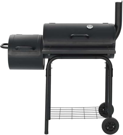 Offset Smoker BBQ Grill Charcoal Smoker for Outdoor Cooking with Side Firebox and Integrated Thermometer, Black Steel Barbecue Smoker