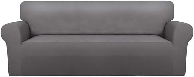 PureFit Stretch Oversized Couch Covers Fleece Sofa Slipcovers Light Gray | 1-Piece Sofa Cover Washable Soft Couch Protector, Couch Slipcover with Non Skid Foam and Elastic Bottom for Kids, Dogs