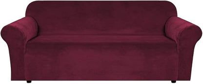 H.VERSAILTEX Stretch Velvet Sofa Covers for 3 Cushion Couch Covers Sofa Slipcovers Furniture Protector Soft with Non Slip Elastic Bottom, Crafted from Thick Comfy Rich Velour (Sofa 72"-90", Burgundy)