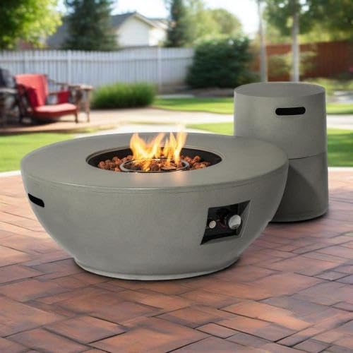 37" Propane Gas Fire Pit Table - 50,000 BTU Smokeless Burner, Pulse Ignition & Two-Level Adjustment, Grey Round Steel Fire Pit with Tank Holder, All-Weather Concrete Finish