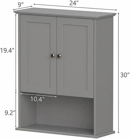 Medicine Cabinet, Over The Toilet Storage Cabinet, 24x30 Inch Wall Mount Bathroom Storage Cabinet with 2 Doors & Adjustable Shelf, Wooden Bathroom Wall Cabinet, Grey