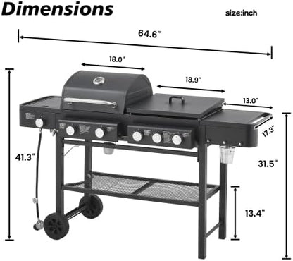 3-in-1 Outdoor BBQ Grill Combo – Gas & Charcoal Grill with Side Burner, Large Cooking Area, Multi-Function Barbecue Grill with Side Shelves & Wheels for Backyard, Patio & Party