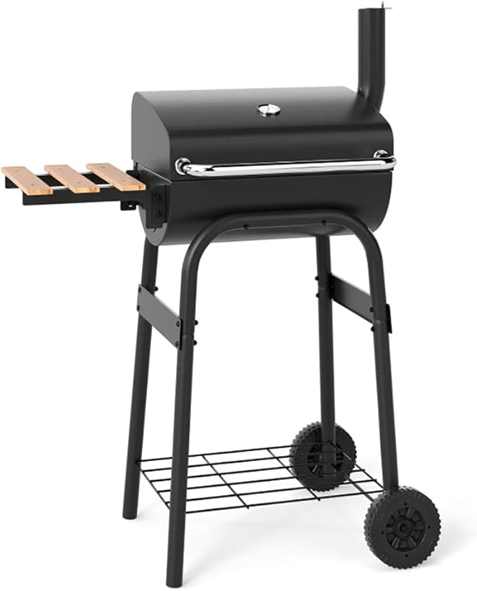 Gecheer Charcoal Grill, Barrel BBQ with Foldable Side Table, Thermostat, 24 Inch Portable Grill for Backyard, Patio, Camping and Tailgate Parties