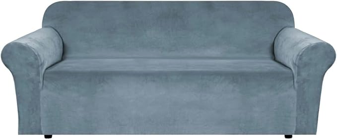 H.VERSAILTEX Stretch Velvet Sofa Covers for 3 Cushion Couch Covers Furniture Protector Soft with Non Slip Elastic Bottom, Crafted from Thick Comfy Rich Velour (Large Sofa 90"-97", Stone Blue)