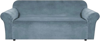 H.VERSAILTEX Stretch Velvet Sofa Covers for 3 Cushion Couch Covers Furniture Protector Soft with Non Slip Elastic Bottom, Crafted from Thick Comfy Rich Velour (Large Sofa 90"-97", Stone Blue)