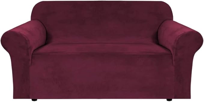H.VERSAILTEX Stretch Velvet Loveseat Covers for 2 Cushion Couch Covers for Living Room Sofa Covers Slipcovers with Non Slip Straps Bottom, Ultra Thick Comfy Velour (Width 58"-72", Burgundy)