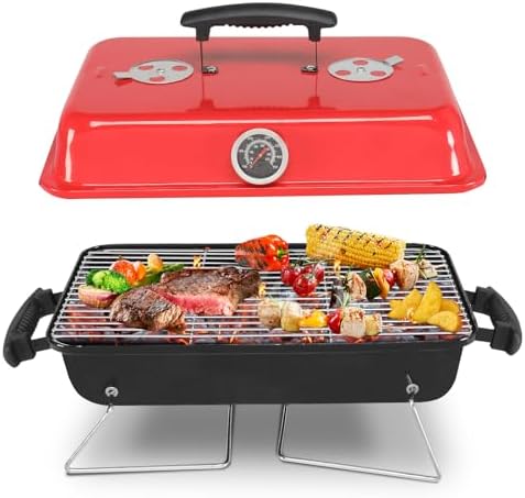 Portable Charcoal Grill 40" - Heavy-Duty Outdoor BBQ Smoker with Thermometer & Dual Doors, Perfect for Camping, Beach, Garden, Patio & Backyard, 53x27x27.5cm, Stylish Black & Red