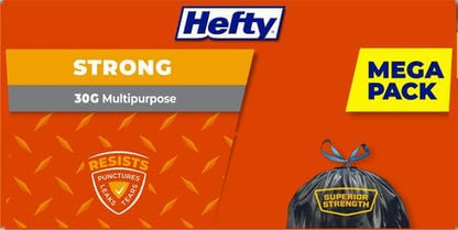 Hefty Strong 30 Gallon Trash_Bags, Large Trash-Bags 30 Gallon Size, Durable Drawstring Enclosure, Resists Punctures, Leaks, and Tears, Black, Unscented, 56 Bags (Pack of 3)