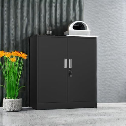 Metal Storage Cabinet with Locking Doors and 2 Adjustable Shelves, Small Lockable Steel Storage Cabinets for Home Office Garage Kitchen Pantry (Black)