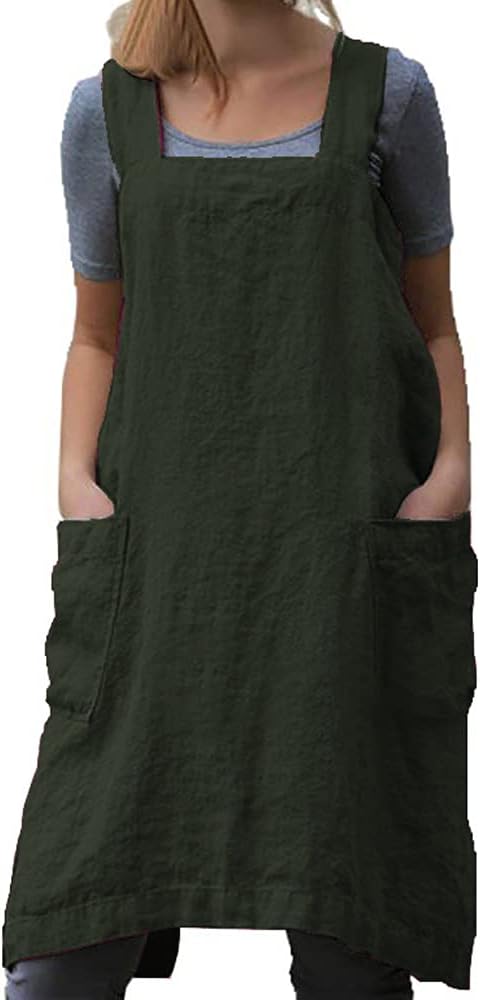 TBA Cotton Linen Apron Cross Back Apron for Women with Big Pockets Square Pinafore Dress for Baking Cooking BBQ & Grill