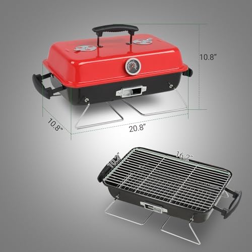 Portable Charcoal Grill 40" - Heavy-Duty Outdoor BBQ Smoker with Thermometer & Dual Doors, Perfect for Camping, Beach, Garden, Patio & Backyard, 53x27x27.5cm, Stylish Black & Red