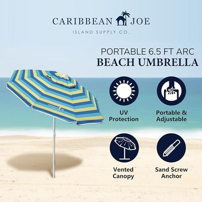 Caribbean Joe Beach Umbrella, Portable and Adjustable Tilt Sun Umbrella with UV Protection, Vented Canopy, Full 6.5 ft Arc
