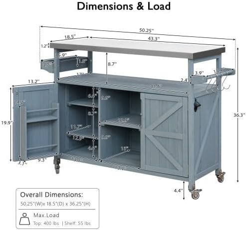 Bellemave Outdoor Kitchen Island with Stainless Steel Top, Rolling Bar Cart & Storage Cabinet, Outdoor Grill Cart with Spice & Towel Rack, Rolling Island Table for Kitchen & BBQ, Grey Blue