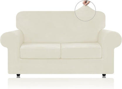 WEERRW Velvet Stretch 3 Pieces Couch Cover for Sofa Washable, Ivory | Love Seat Couch Covers for 2 Cushion Couch Sofa Furniture Protector slipcoves with Elastic Bottom for Kids, Medium