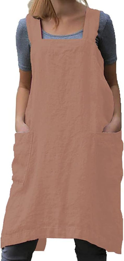 TBA Cotton Linen Apron Cross Back Apron for Women with Big Pockets Square Pinafore Dress for Baking Cooking BBQ & Grill